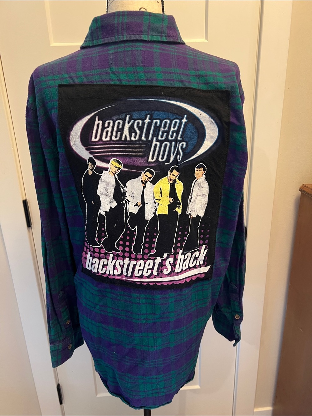 Backstreet Boys Flannel Button Down Shirt. Purple and Green Upcycled